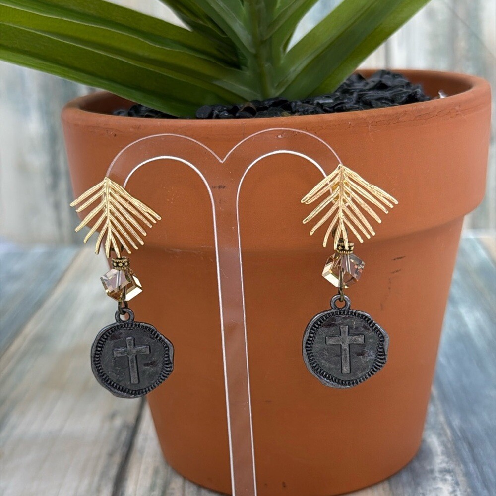 Adorned Crown Jewelry assemblage leaf post cross charm crystal earrings