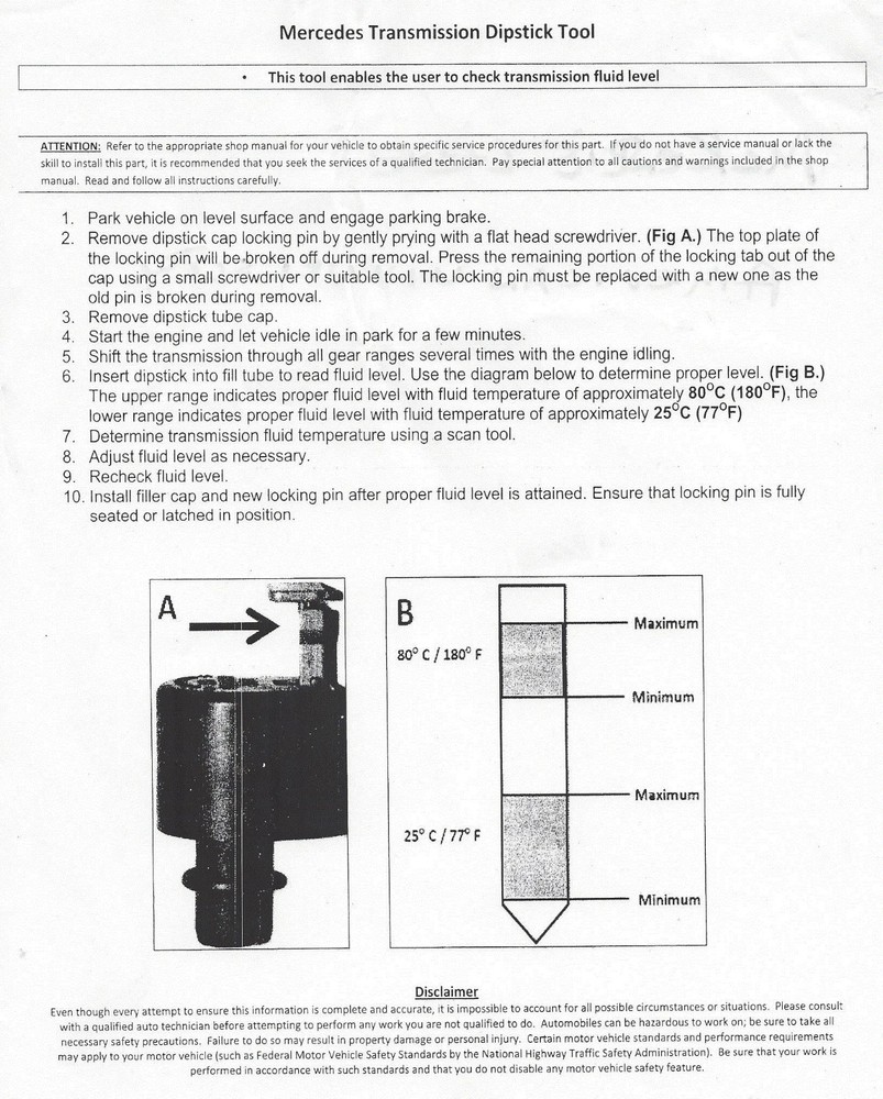 TRANSMISSION FLUID LEVEL DIPSTICK Tool w/ cap + pin automatic auto MBZ Benz