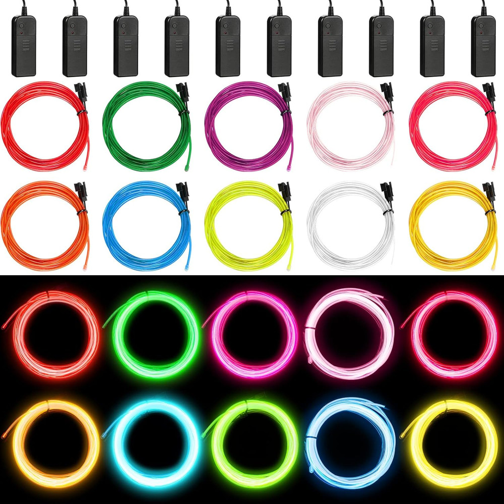 15 Pack 7Ft Neon Light El Wire Portable Cuttable Neon Glowing Battery Powered LE