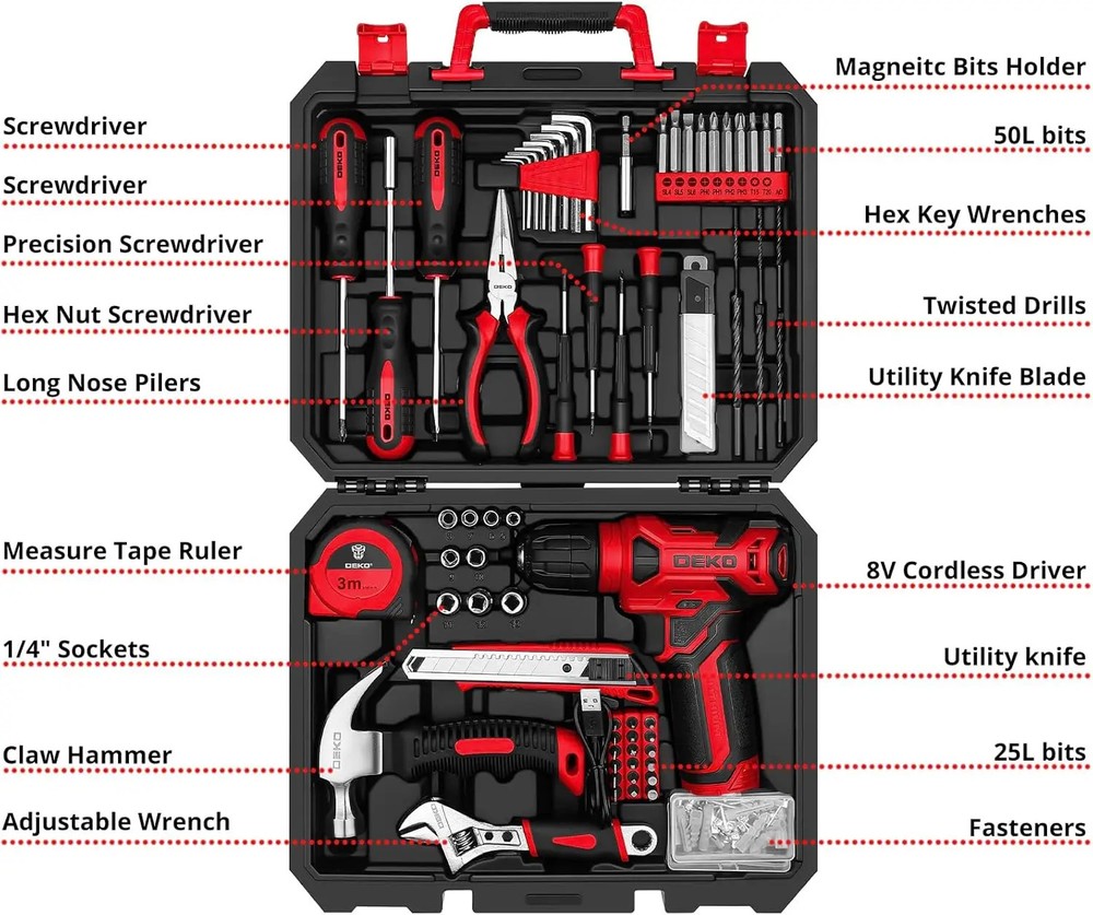 Drill Set Tool Set with 8V Red Cordless Drill, with Drill, Hand Tool Kits