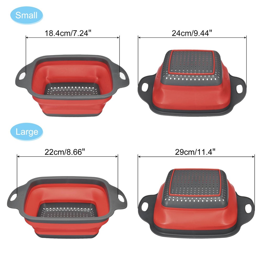 Collapsible Colander Set, 2 Size Silicone Square Foldable Strainer - Red