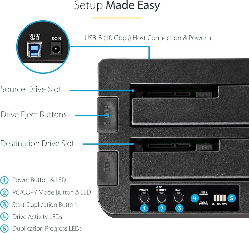 Dual Bay SATA Drive Dock with Standalone Cloning Functionality and Power Adapter