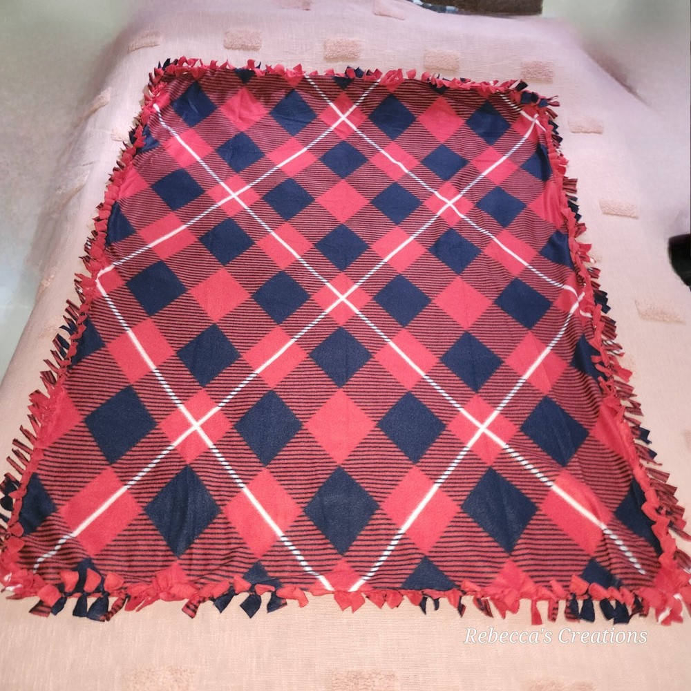 Red Blue White Argyle Plaid WARM HANDMADE 2 layer tie blanket/throw 48"× 60"