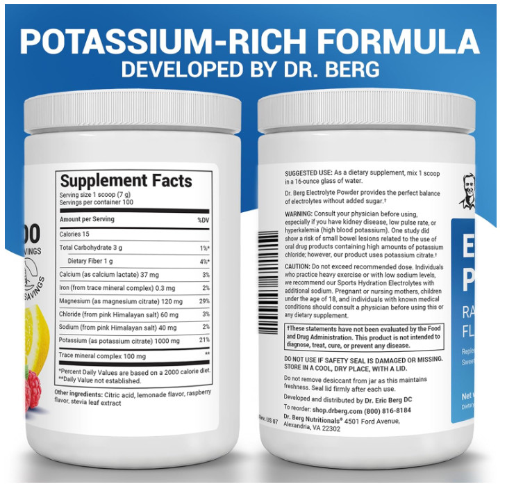 Dr. Berg Zero Sugar Keto Electrolyte Powder, Raspberry Lemon, 100 Servings