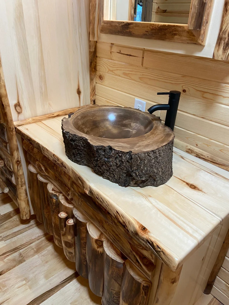 Log home tree trunk bathroom vessel sink