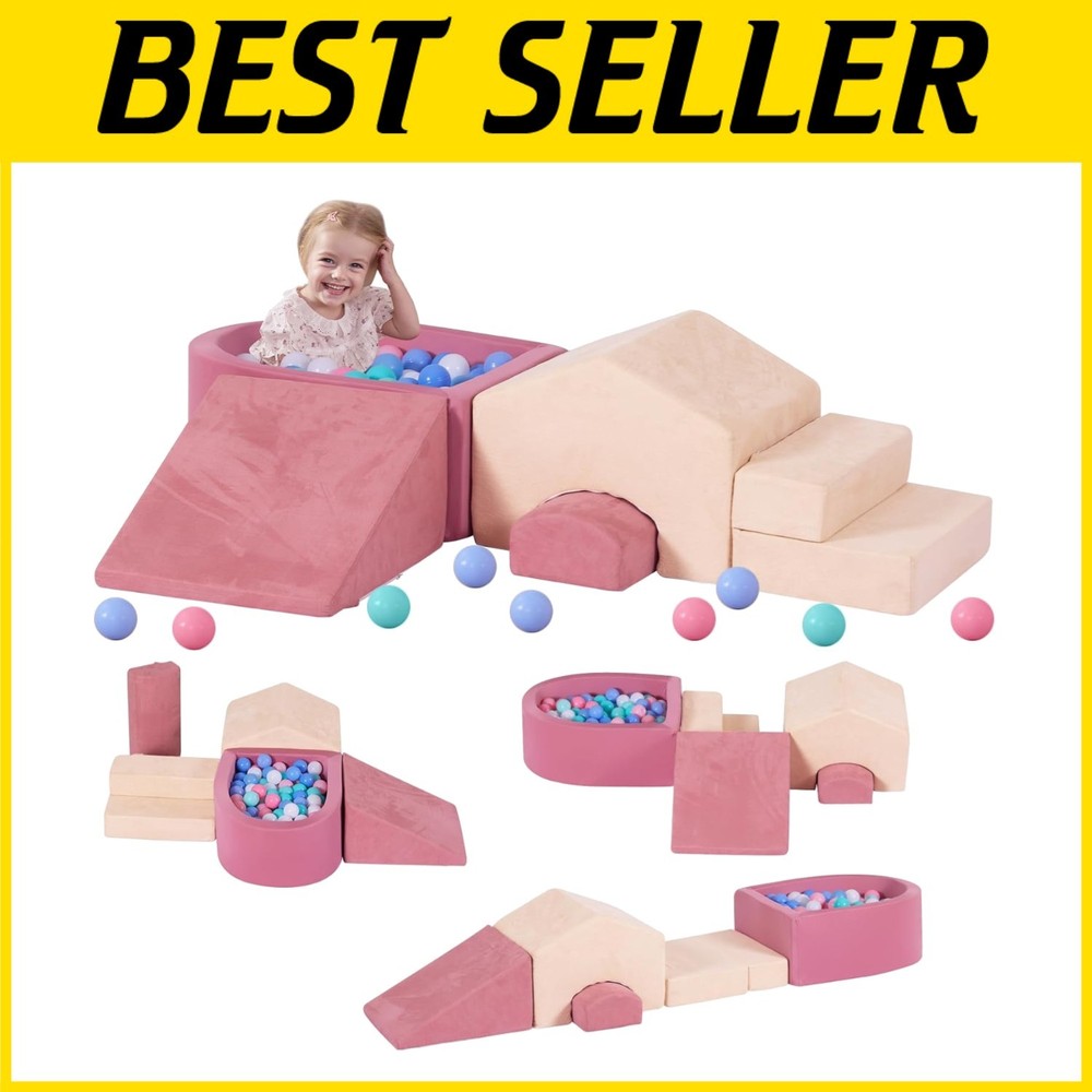 Soft Play Climbing Blocks Set with Ball Pit, Pink/Beige