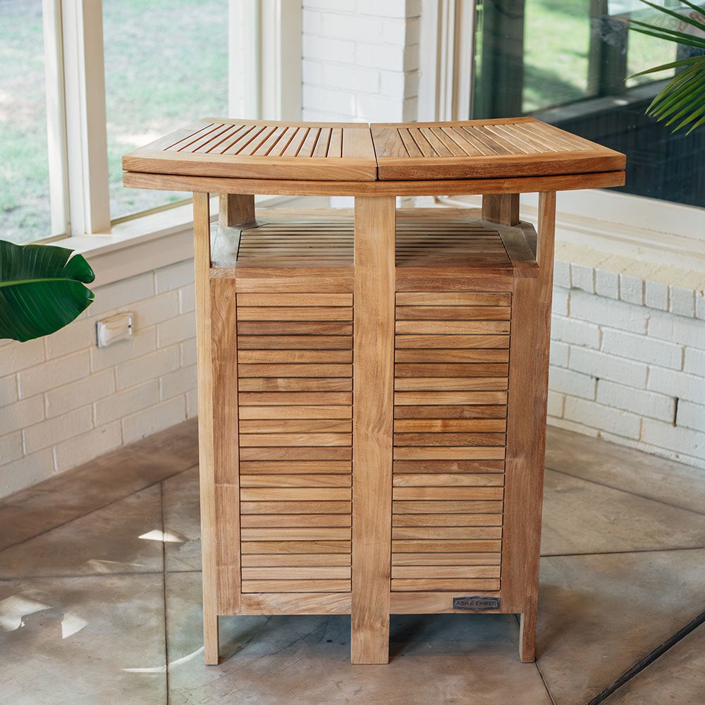 Ash & Ember Acadia Grade A Teak Folding Bar Table, Two Tier Cabinet