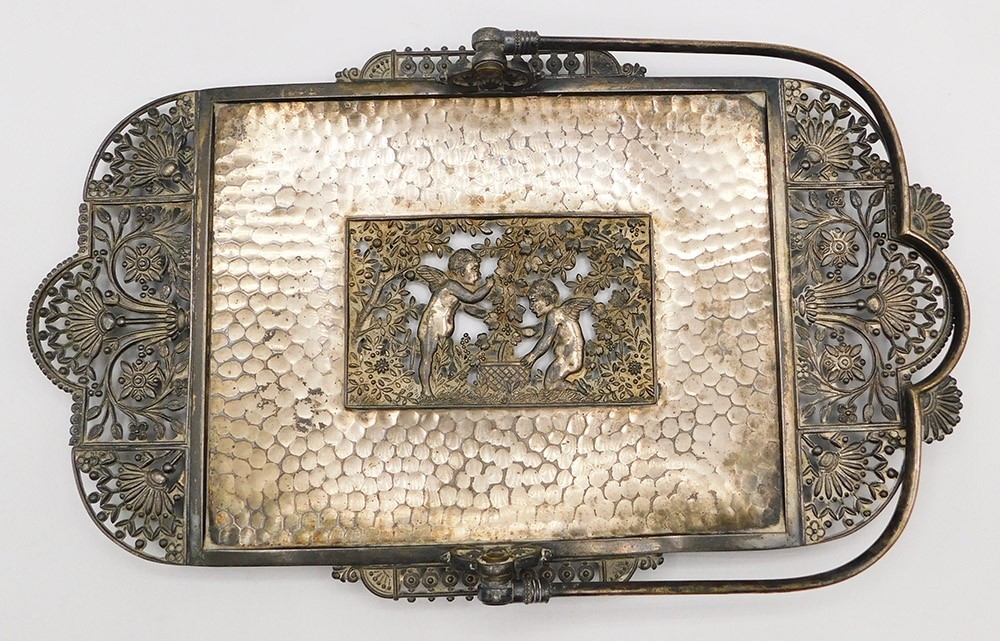 Vintage Large Silver Plated Rectangular Handled Tray w Ornate Cherub Tree Floral