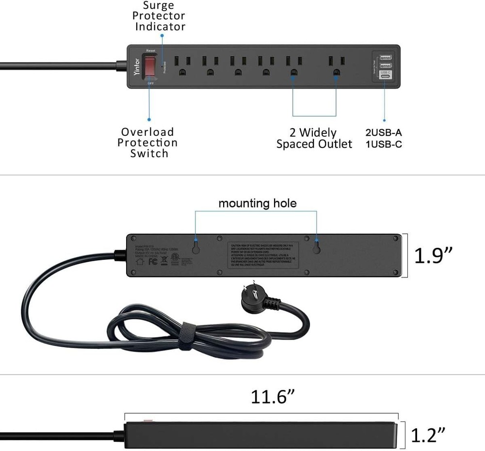 6Ft Power Strip with Surge Protection & USB