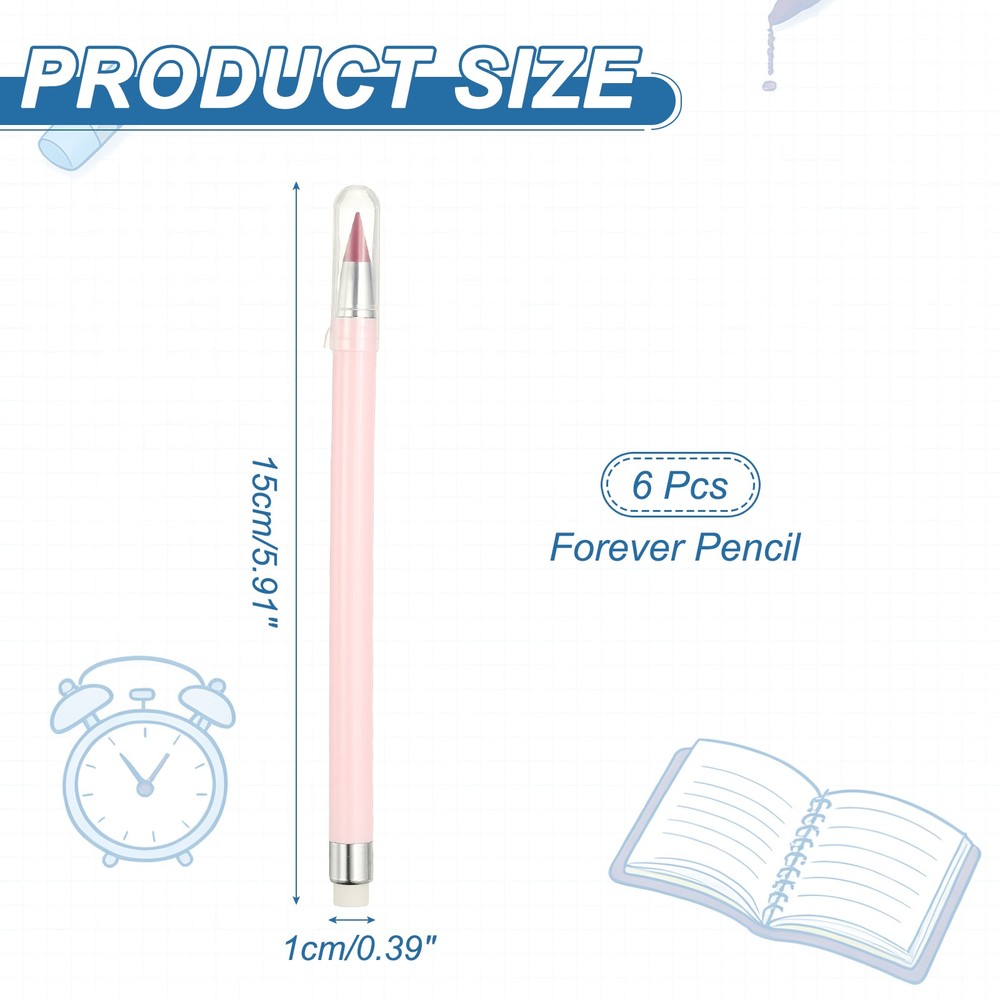 6 Pcs Mechanical Sharpened Forever Pencils Set, Marker Pink