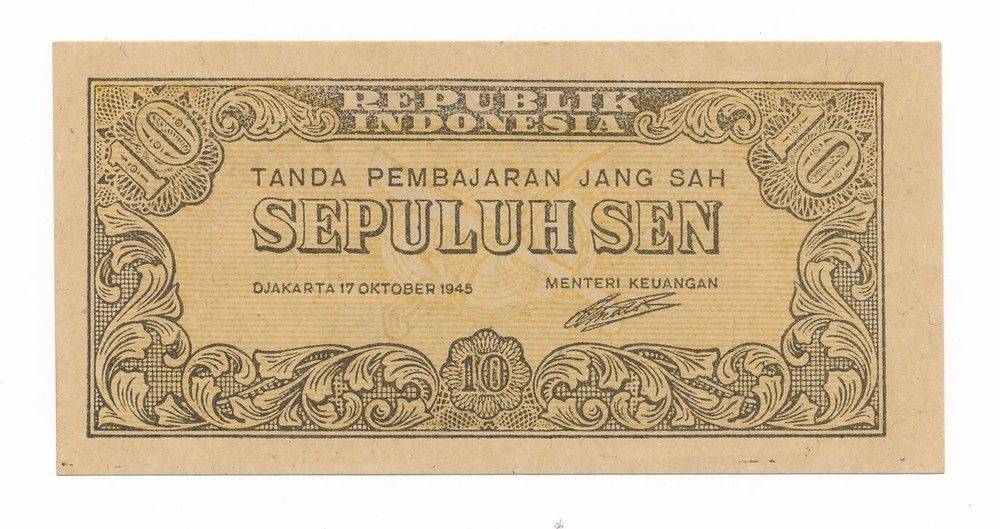 Indonesia 10 Sen 1945 P. 15 AU/Unc Note
