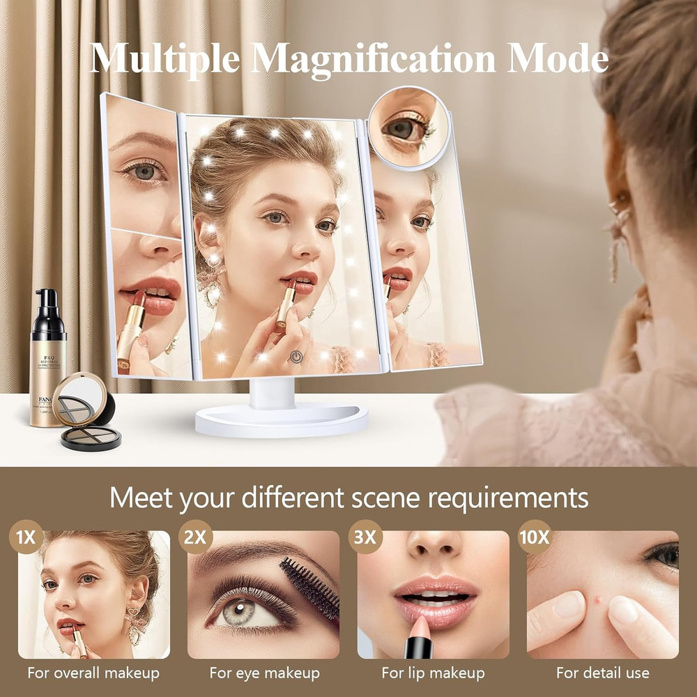Illuminated Trifold Makeup Mirror with 2X/3X/10X Magnification and Touch Control