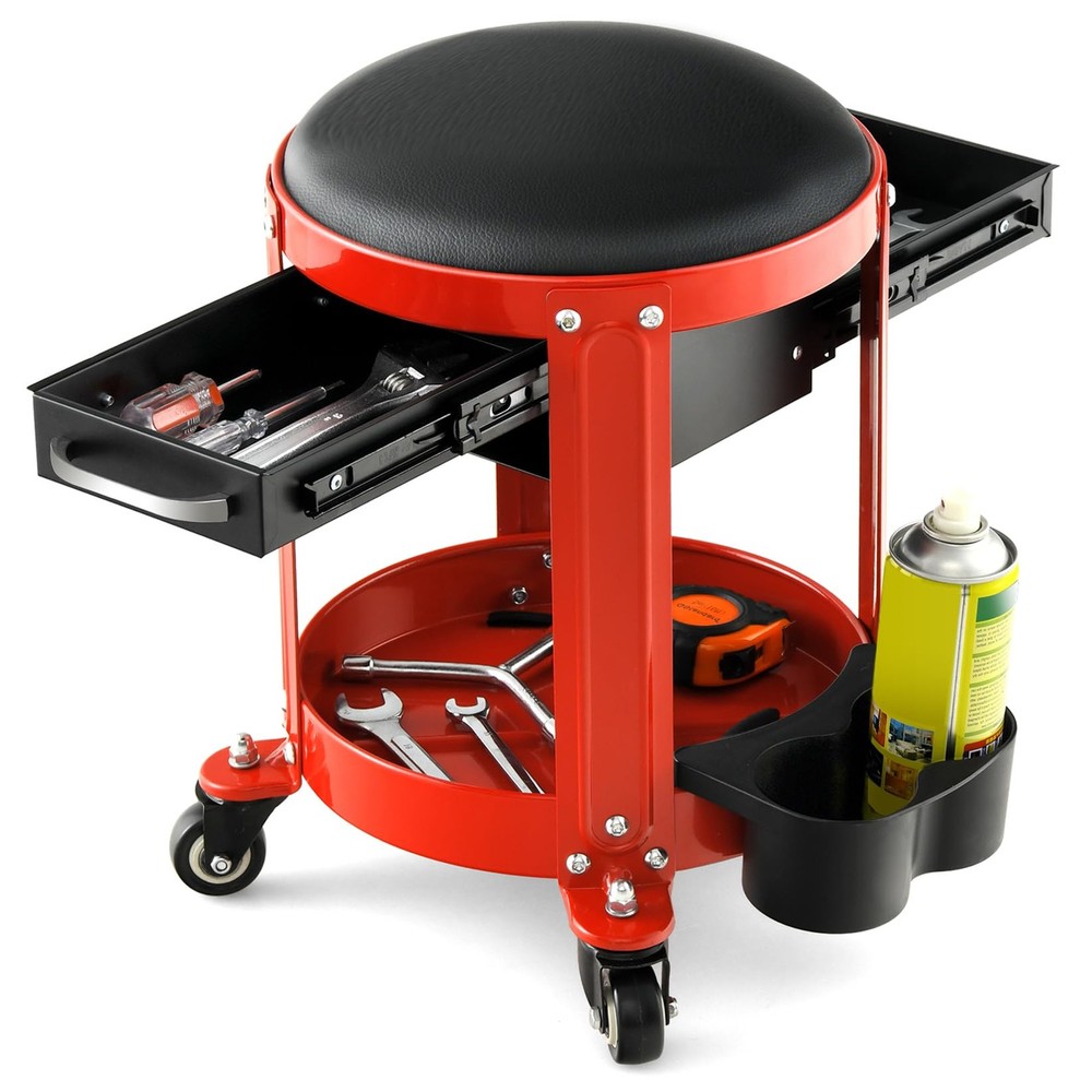 Red Rolling Mechanic Stool 330LBS Capacity with Wheels 2 Drawers Tools Tray