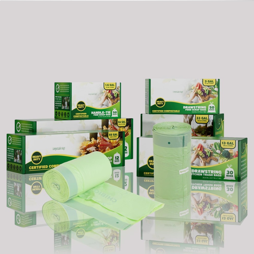 13 Gallon Compostable Trash Bags with Drawstring, Heavy Duty Extra Thick 1 Mi...