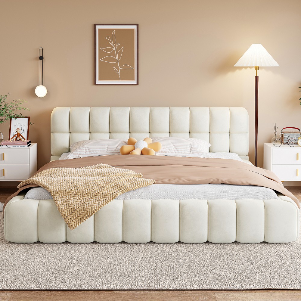 King Upholstered Platform Bed w/ Solid Wood Frame, Gray Linen, 2000lbs Support
