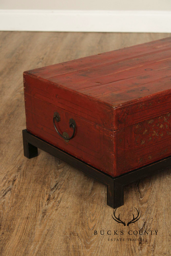 Red Lacquered Trunk With Brass Hardware On Custom Black Stand, Coffee Table