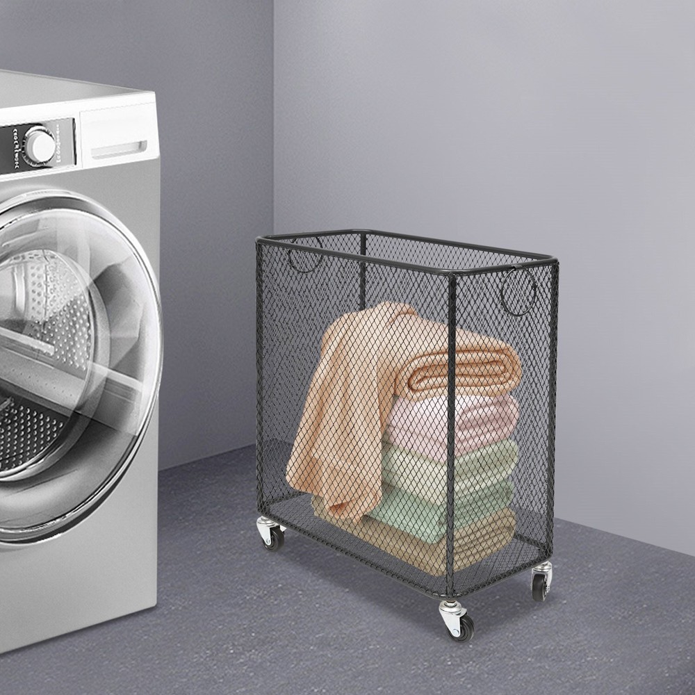 Rolling Laundry Basket with Wheels - Metal Wire Laundry Hamper Rectangular