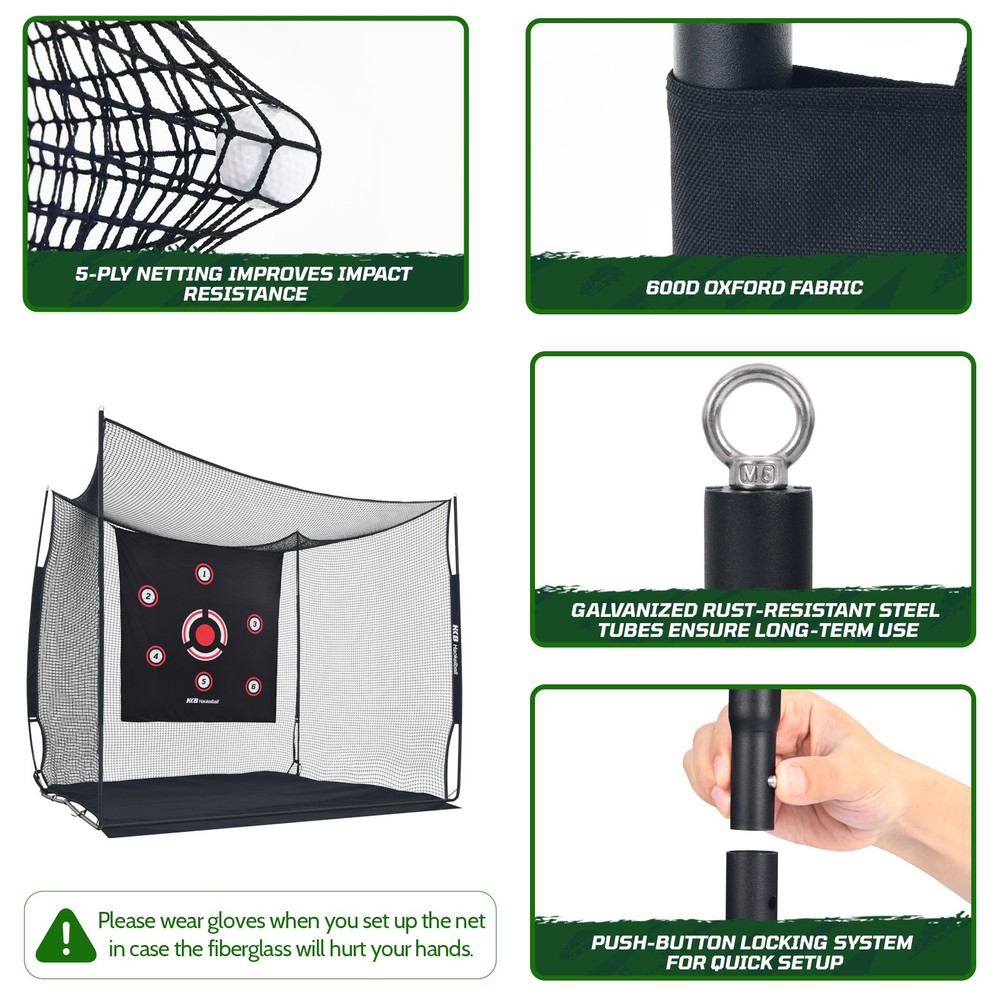 Heavy-Duty Golf Hitting Practice Net 10x8x6ft Golf Training Net w/ Target Cloth