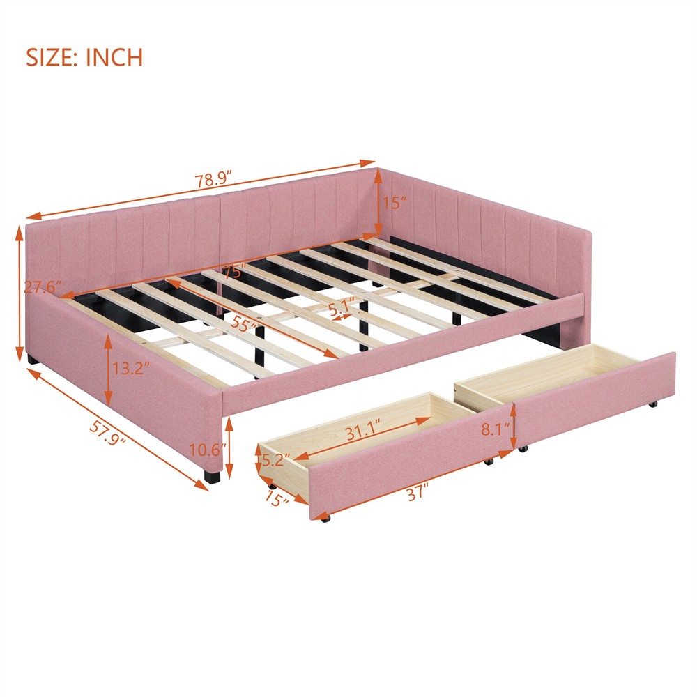 Full Size Daybed Upholstered Bed Frame Sofa Bed with 2 Storage Drawers Pink