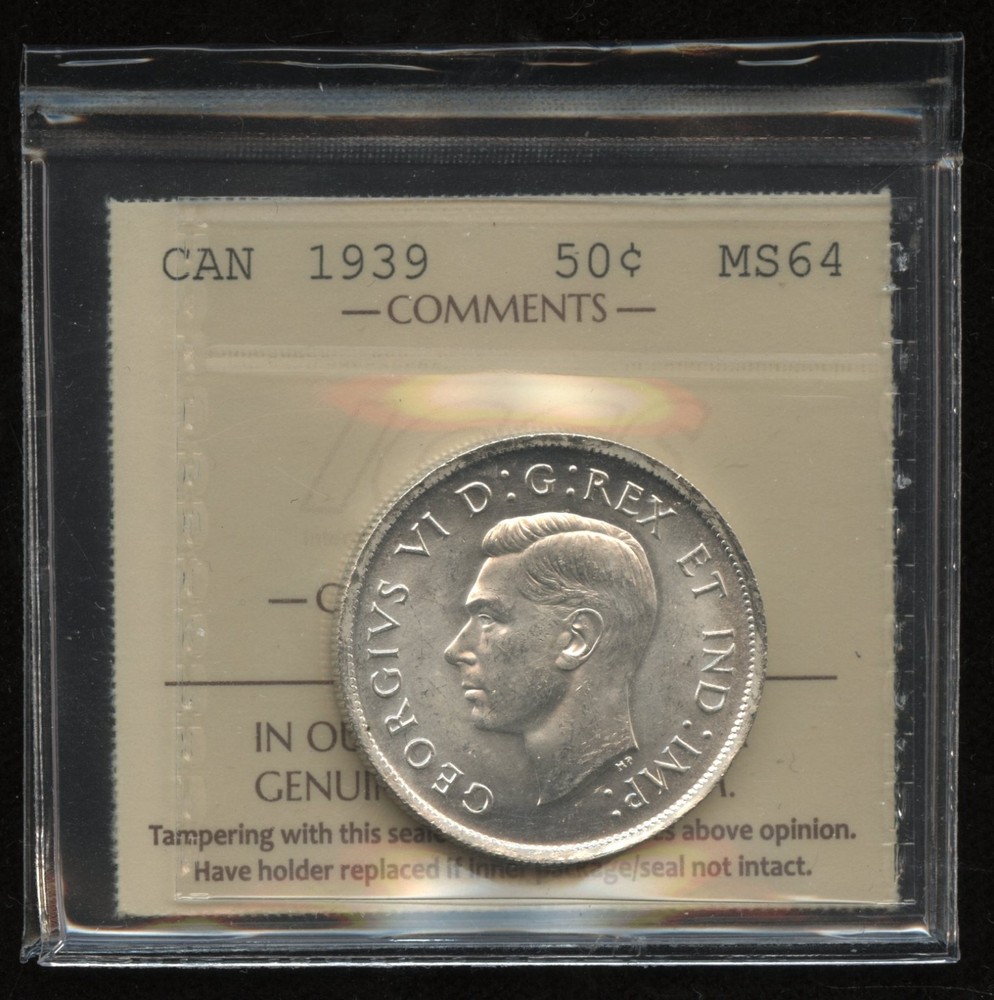1939 Canada 50 Cent - ICCS MS64, Cert #XVY 684