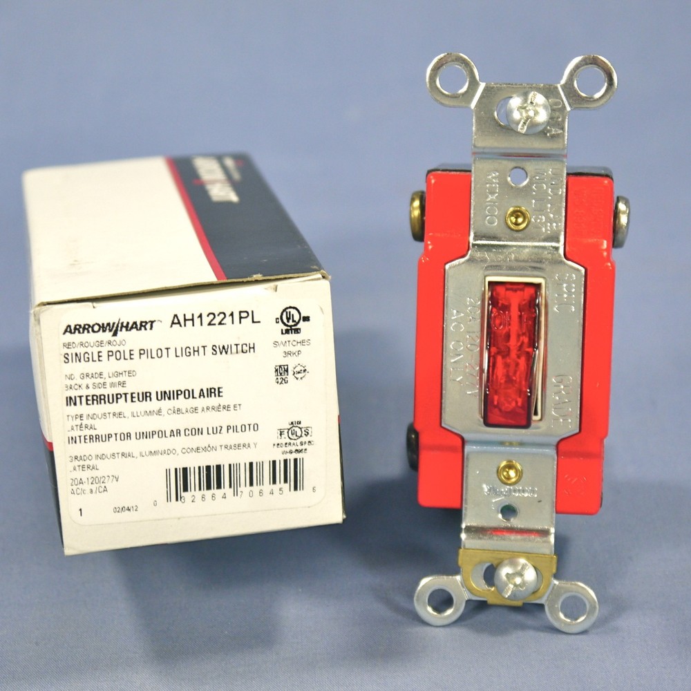 Cooper AH1221PL Red Pilot Light Single Pole Toggle Wall Switch 20A Industrial