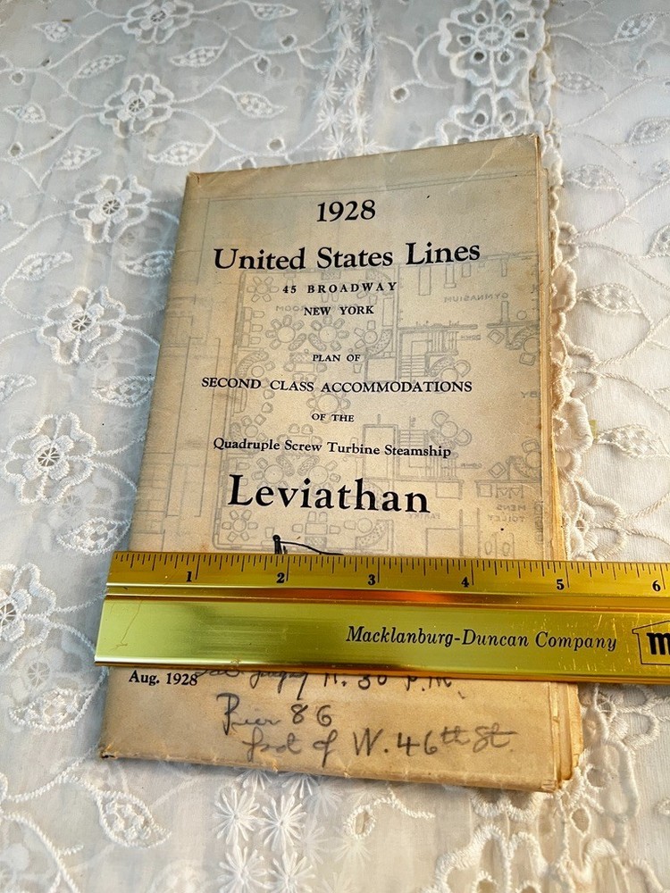 Steamship Leviathan 2nd Class Accommodation Plan August 1928 Plus Baggage Ticket