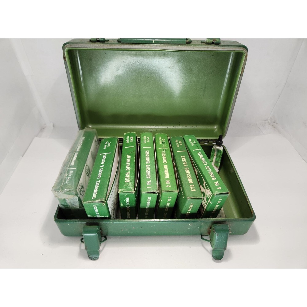 Bullard Vintage Green Metal First Aid Kit Box with Partial Contents -Collectible