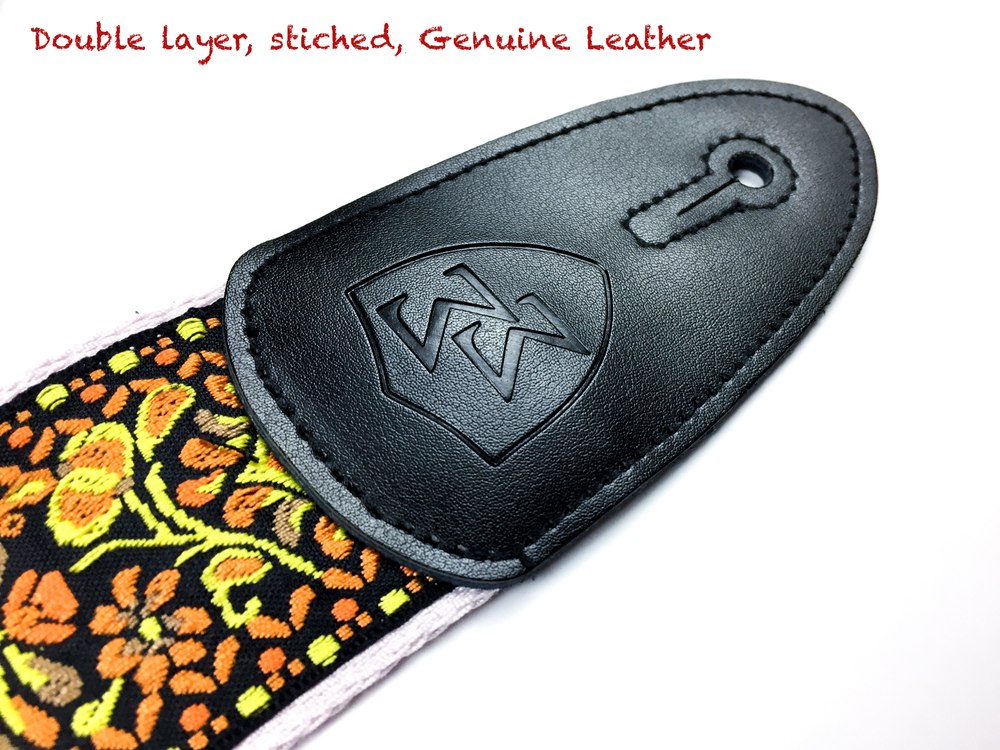 Guitar Strap Bundle - Real Leather Vintage Woven - Orange - Picks, Locks, Button