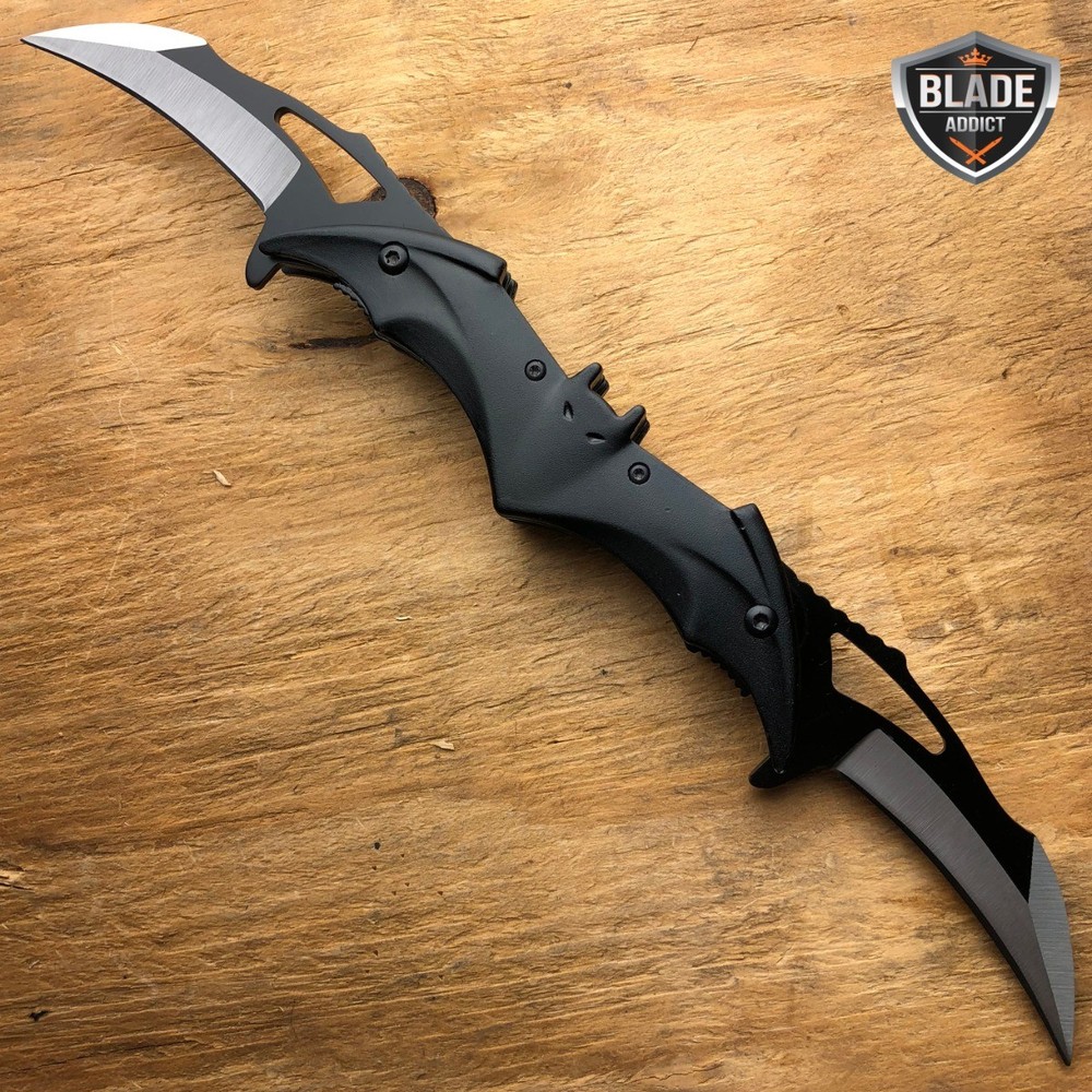 2 PC Dual Blade Spring Assisted Folding Pocket Knife + Karambit Blade Silver