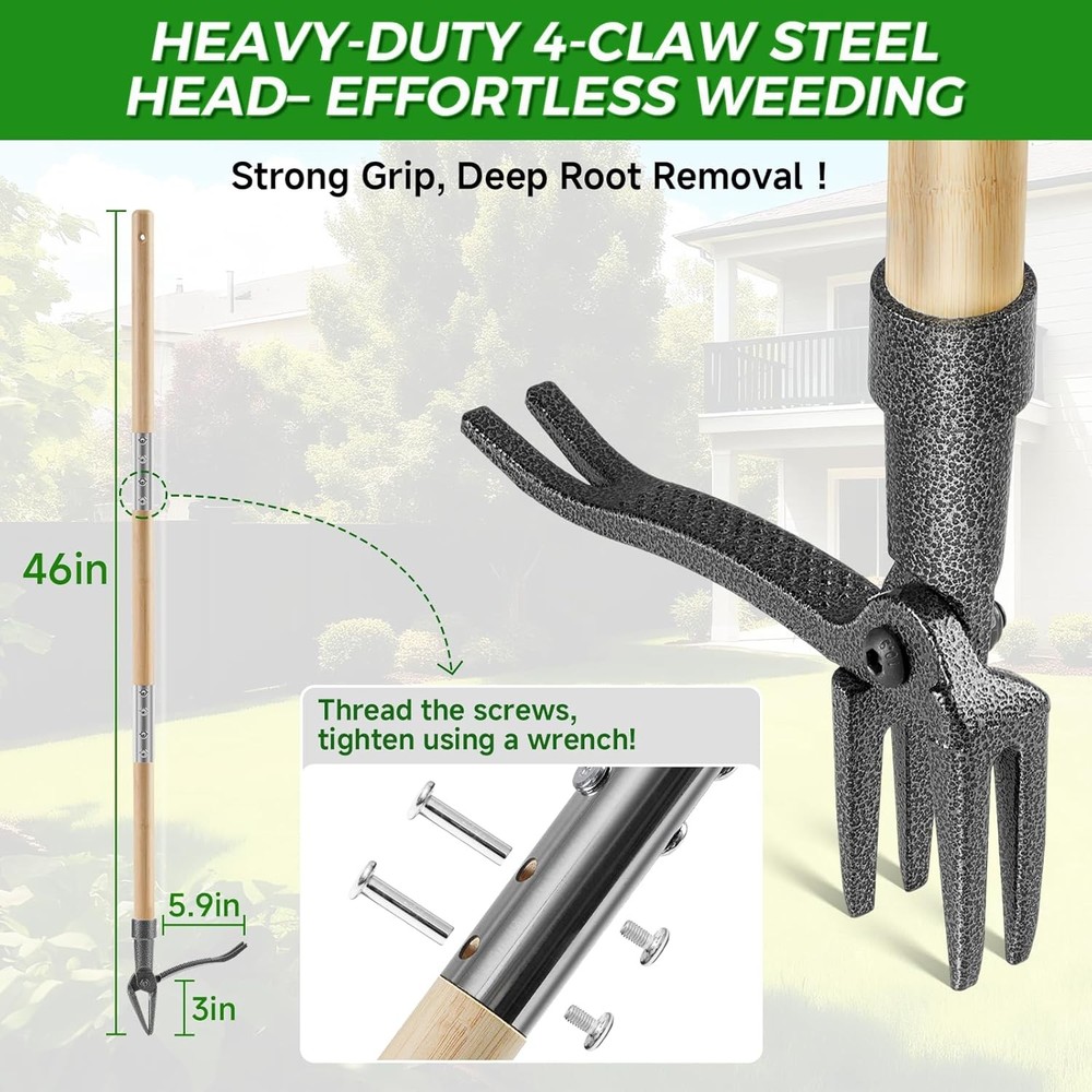 Weed Puller Tool, Stand Up Heavy Duty Root Removal Tool with 4-Claw Head & Long