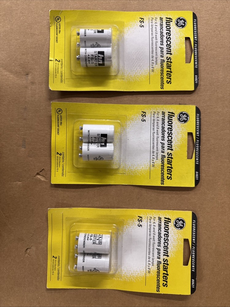 GE Fluorescent Starters - 6 pack FS-5 Starters - 4, 6, 8 Watt