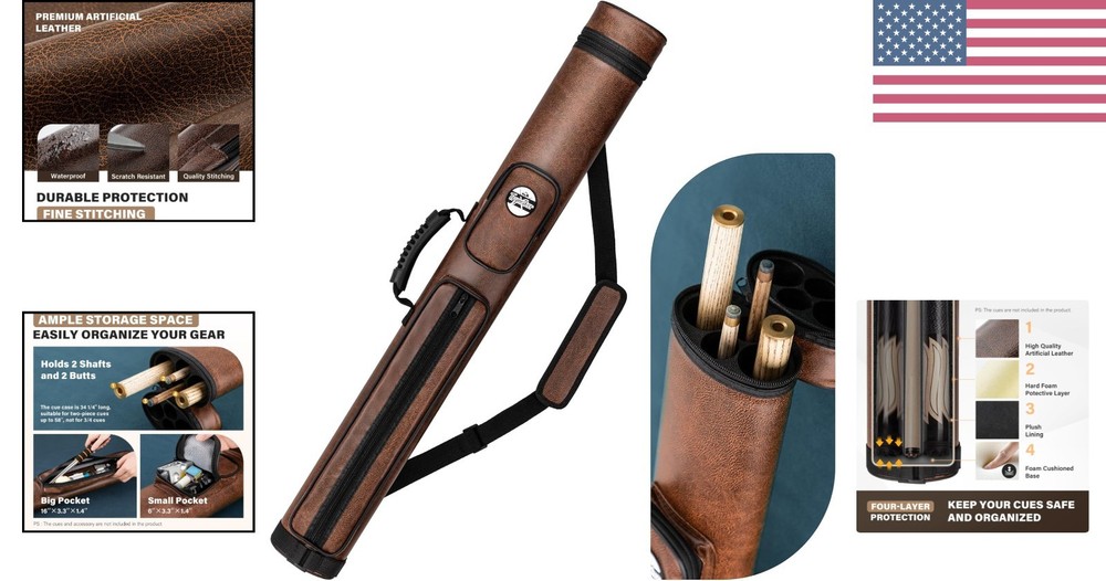 2x2 Billiard Cue Case with Soft Cushion & Adjustable Shoulder Strap