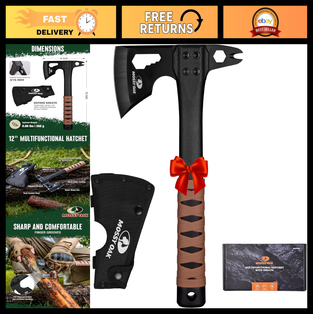 12" Camping Axe & Survival Hatchet with Sheath, Compact Multitool, Non-Slip Hand