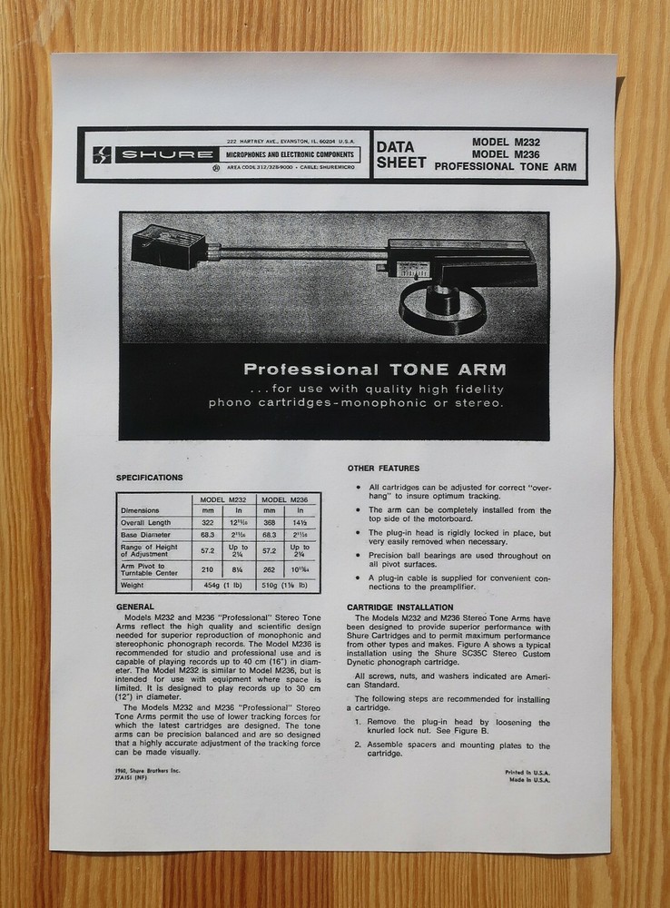 Shure M236 Professional Custom Designed Tonearm Cartridge Alignment Protractor