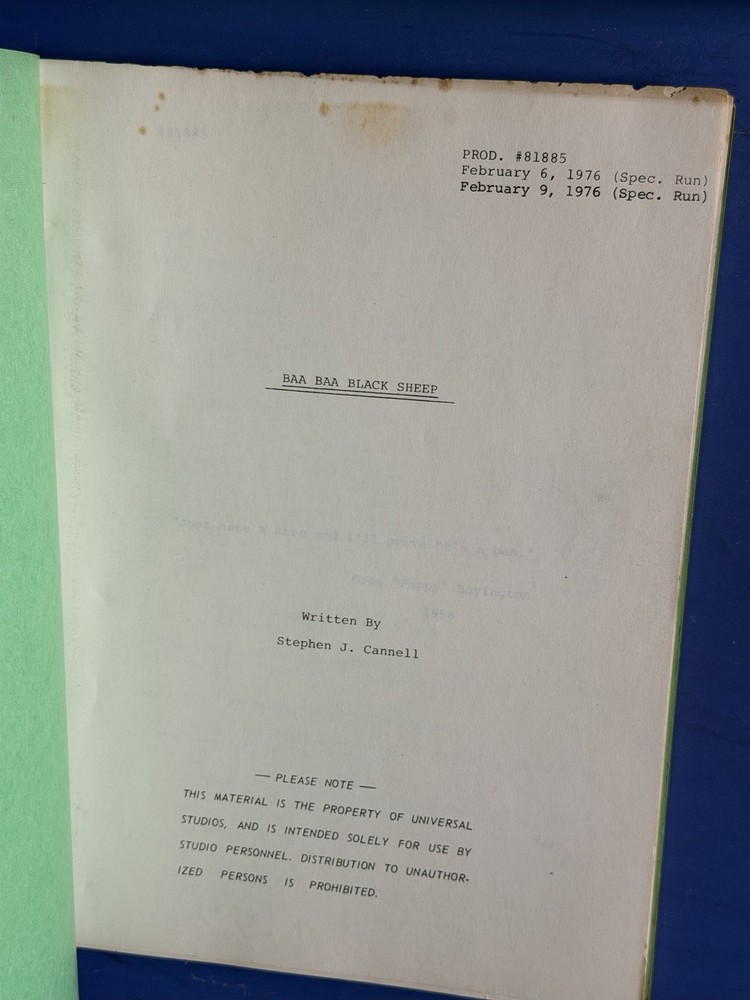BAA BAA BLACK SHEEP SQUADRON TV SCRIPT 81885 WW2 ROBERT CONRAD ORIGINAL 1976