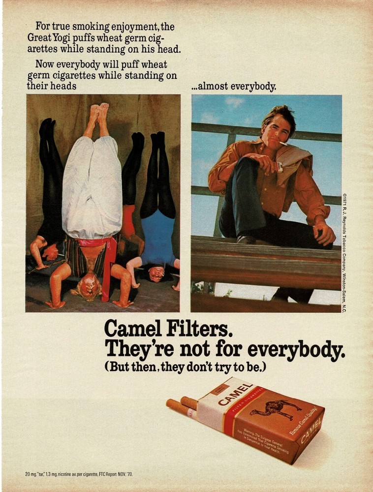 1971 CAMEL Filter Cigarettes yoga master & students standing on head Vintage Ad
