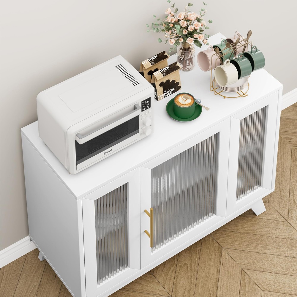 36 Inch Buffet Cabinet Storage Modern Glass Doors White
