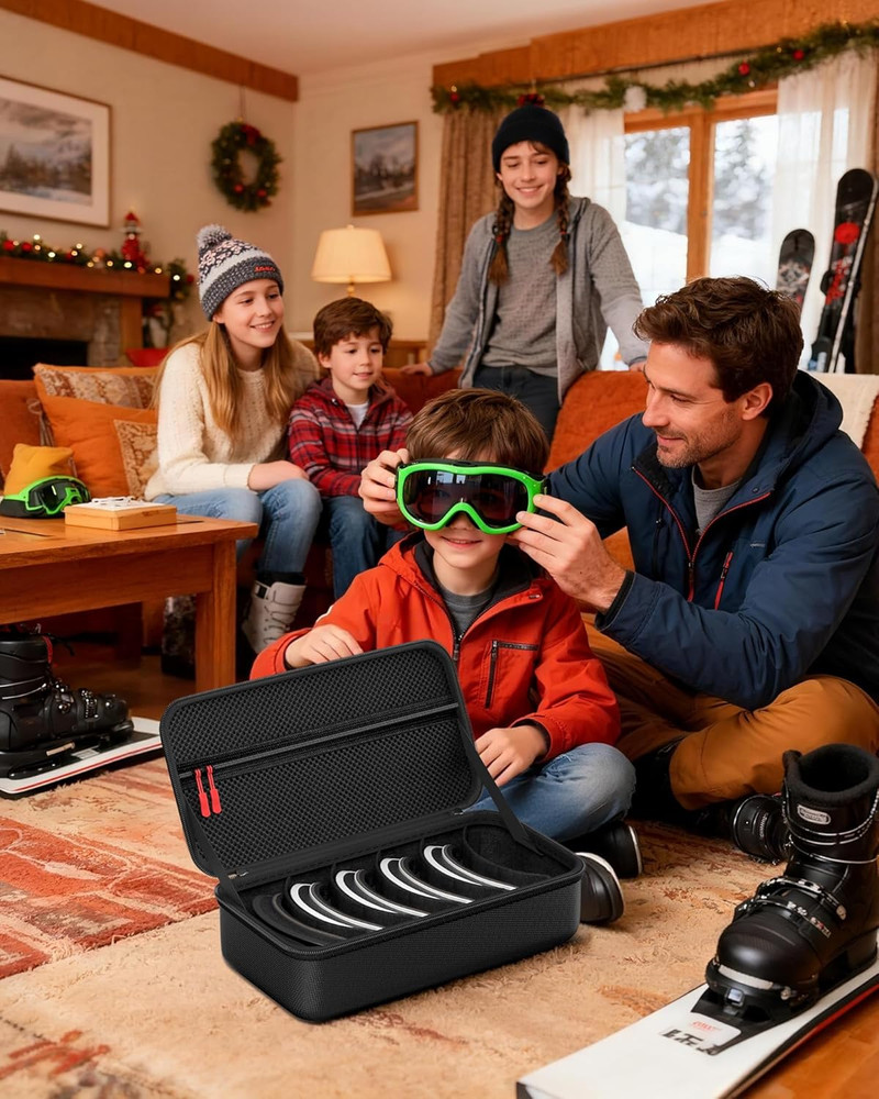 Ski Goggles Hard Travel Case with Multi-Compartment and Handle - Black