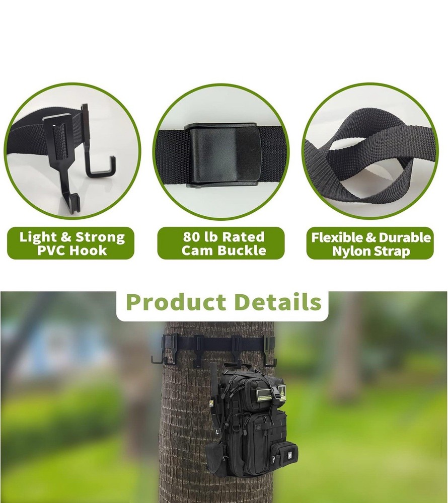Treestand Strap Gear Hangers with Large Hooks, Lightweight Multi-Hook Black