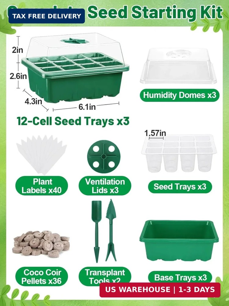 Apipi 3 Pack Seed Starter Kit with 36 Coco Coir Pellets - 36 Cell Seed Starter T