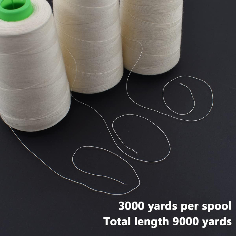 Raw White All Purpose Cotton Thread - 3 Spools, 40/2 Connecting Threads for Serg