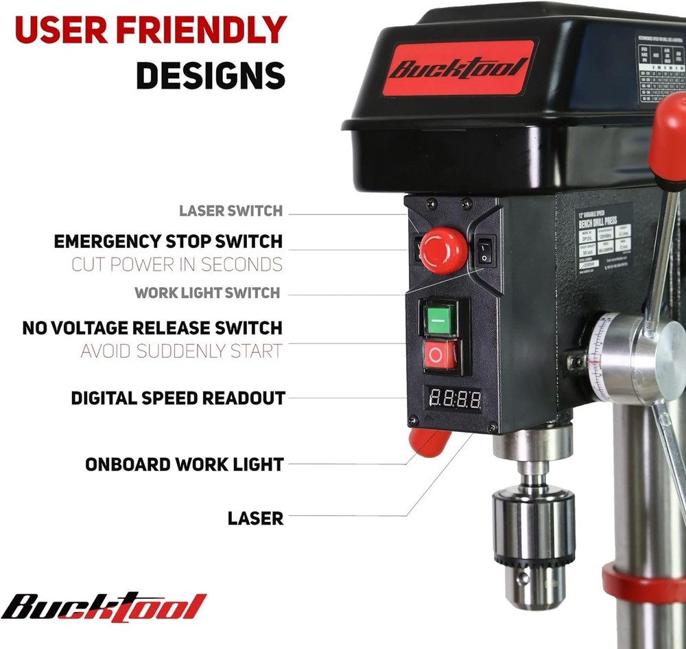 BUCKTOOL 12-Inch 3/4HP Variable Speed Bench Top Drill Press with Laser Guide