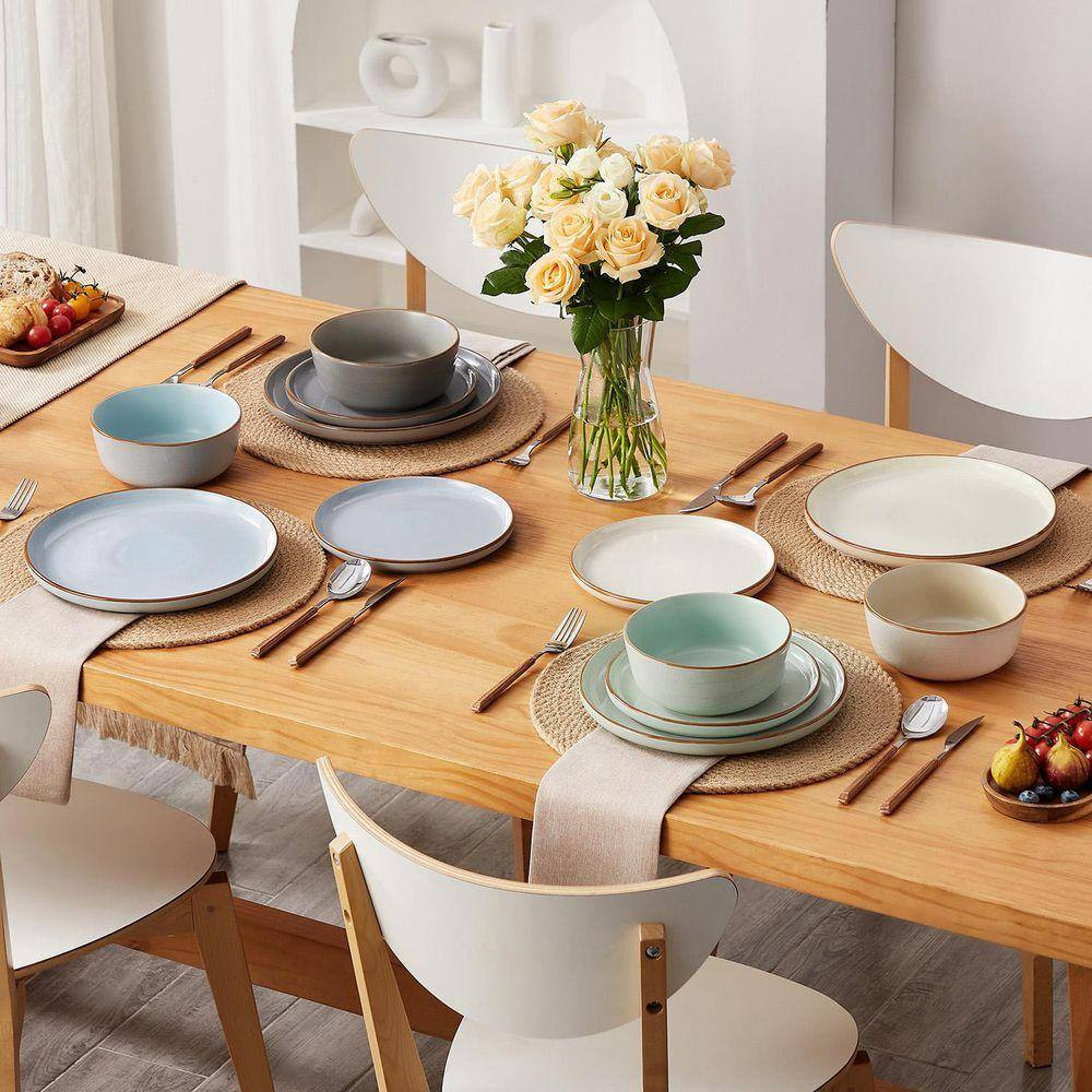 12-Piece Blue Green Beige Gray Stoneware Dinnerware Set Service for 4 Tableware