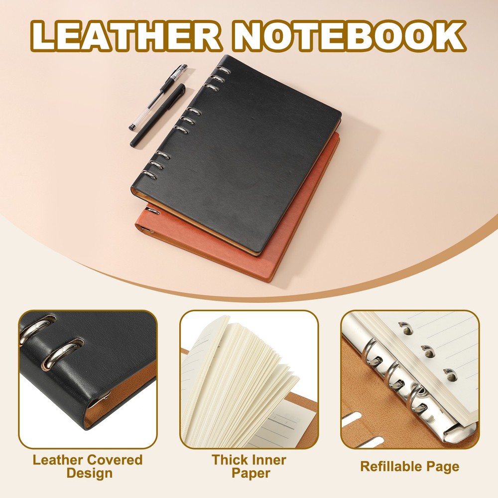 B5 Refillable Leather Notebook, 2Pcs 9 Ring Hardcover Binder Notebook, Black