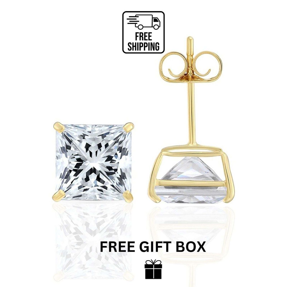 14k solid yellow gold square clear CZ basket set stud earrings 3mm-10mm