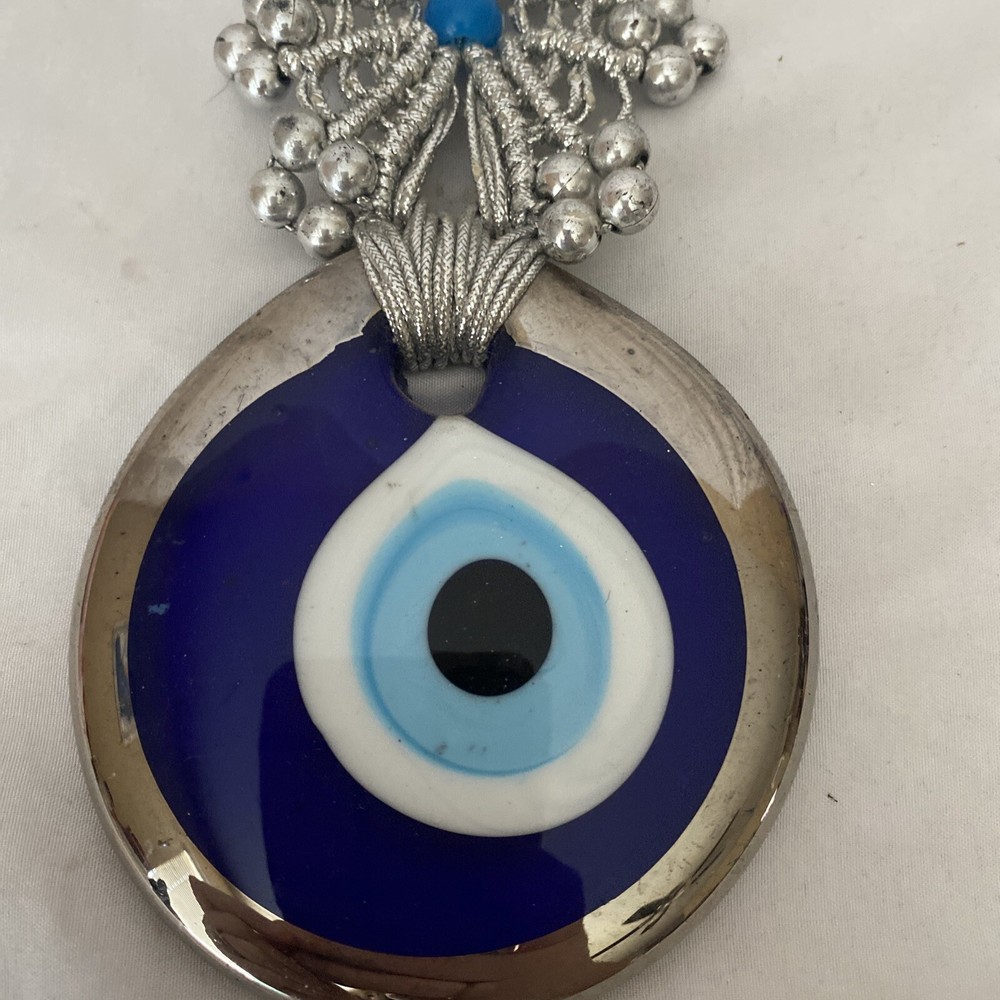 Evil Eye with Silver Macrame Wall Hanging for Bad Luck Protection