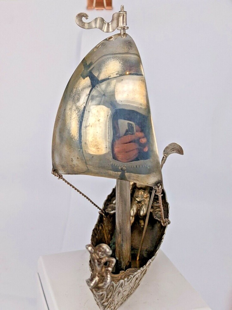 Miniature Hanau solid silver cherub sail boat Circa 1900