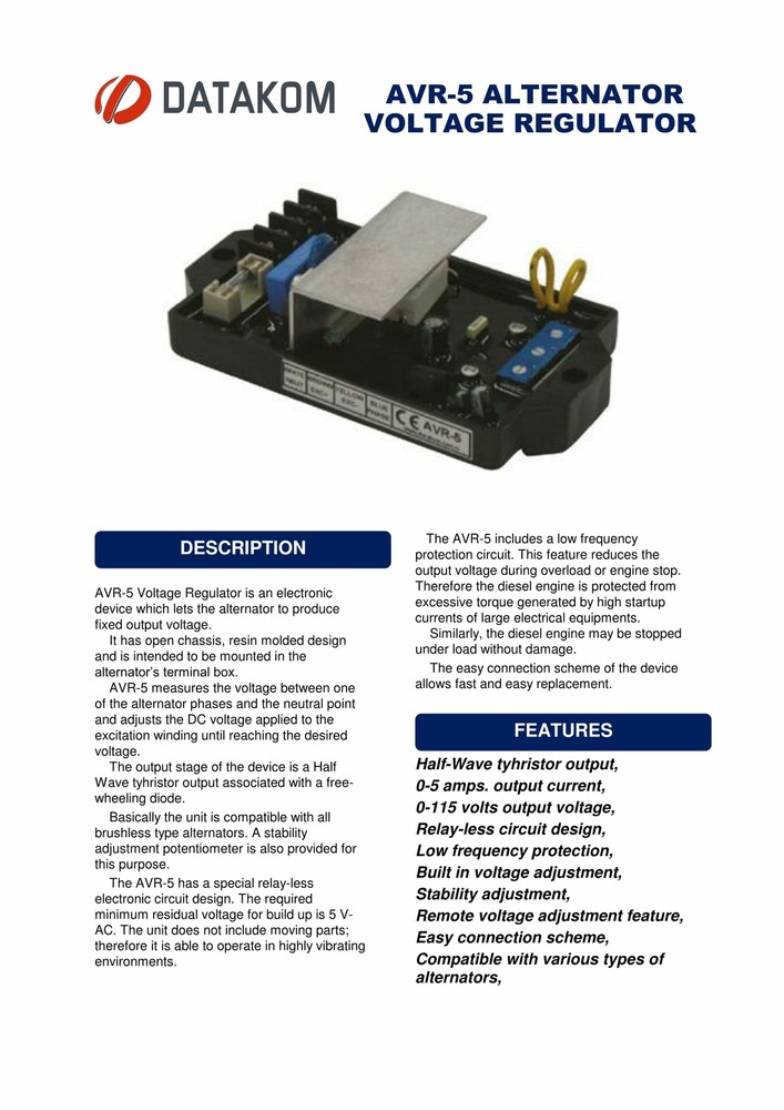 DATAKOM AVR-5 Automatic Voltage Regulator for Generator Alternators (5Amps)
