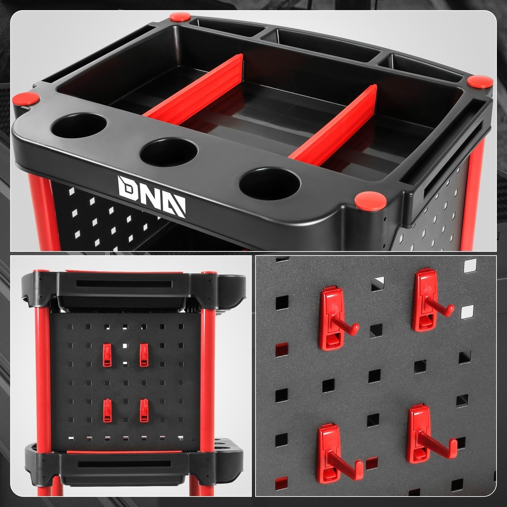 Red 260LBs 3-Level Composite Rolling Trolley w/ Pegboard Warehouse Garage Office