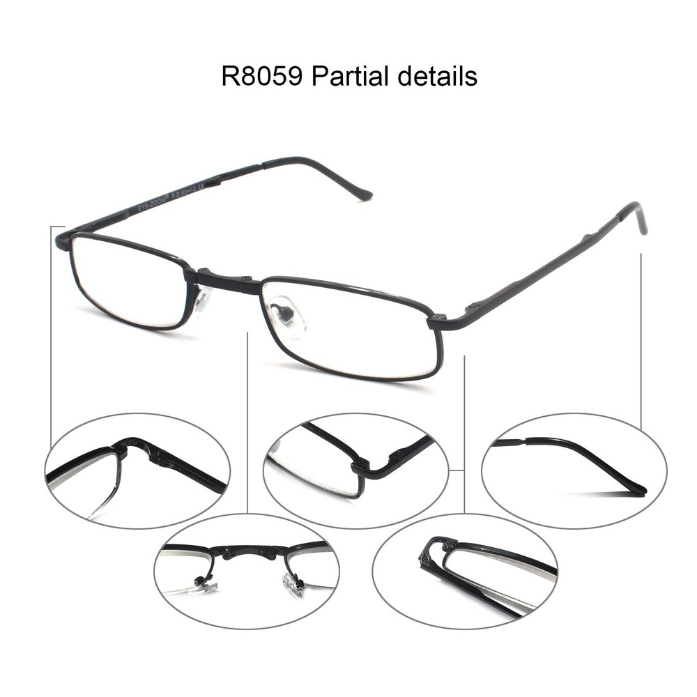 EYEZOOM Compact Rectangular Metal Folding Reading Glasses with Leather Case